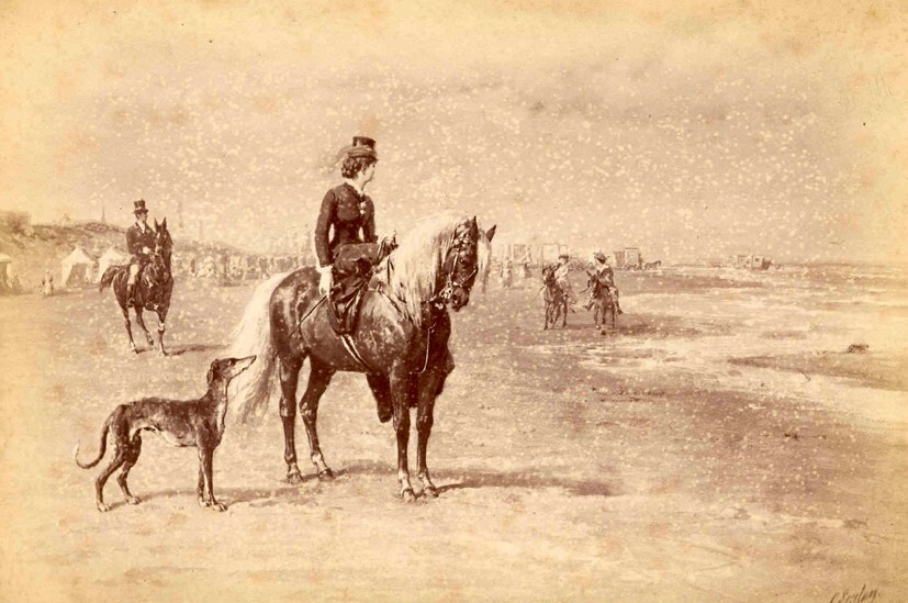 Dame te paard aan het strand (foto van schilderij van Otto Eerelman, uit album)